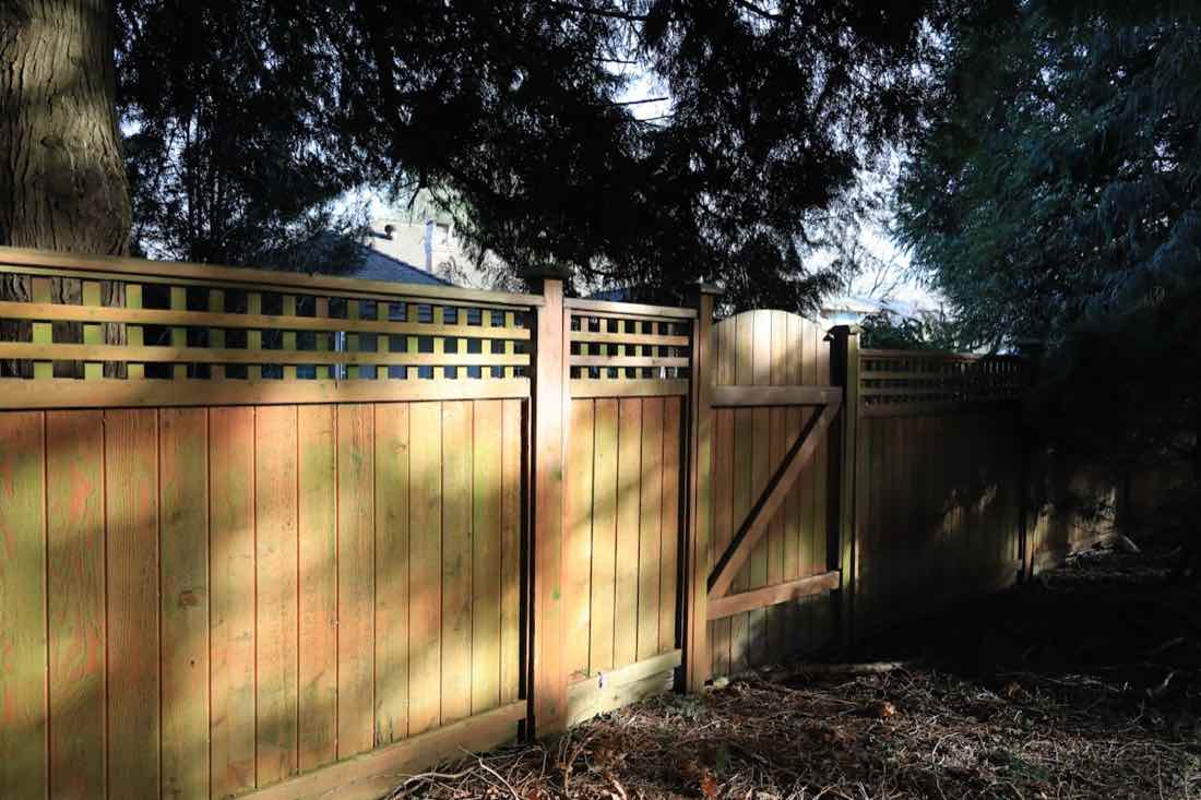A wood privacy fence with a lattice top and a braced gate, set on pine straw